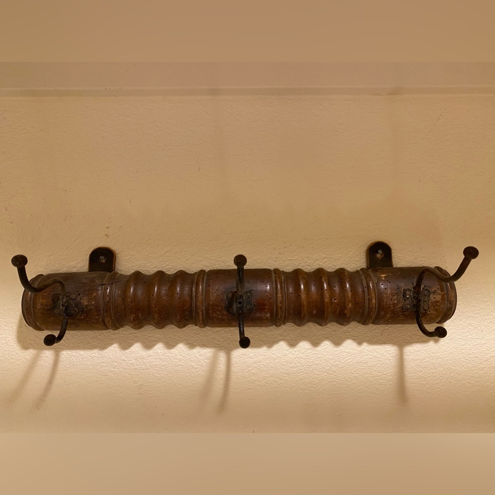 Vintage French coat rack wood, iron, leather found in a Parisian flea market